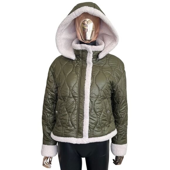 BLANK NYC Olive Green Quilted Faux Fur Line Hooded Jacket Size M - Picture 6 of 12